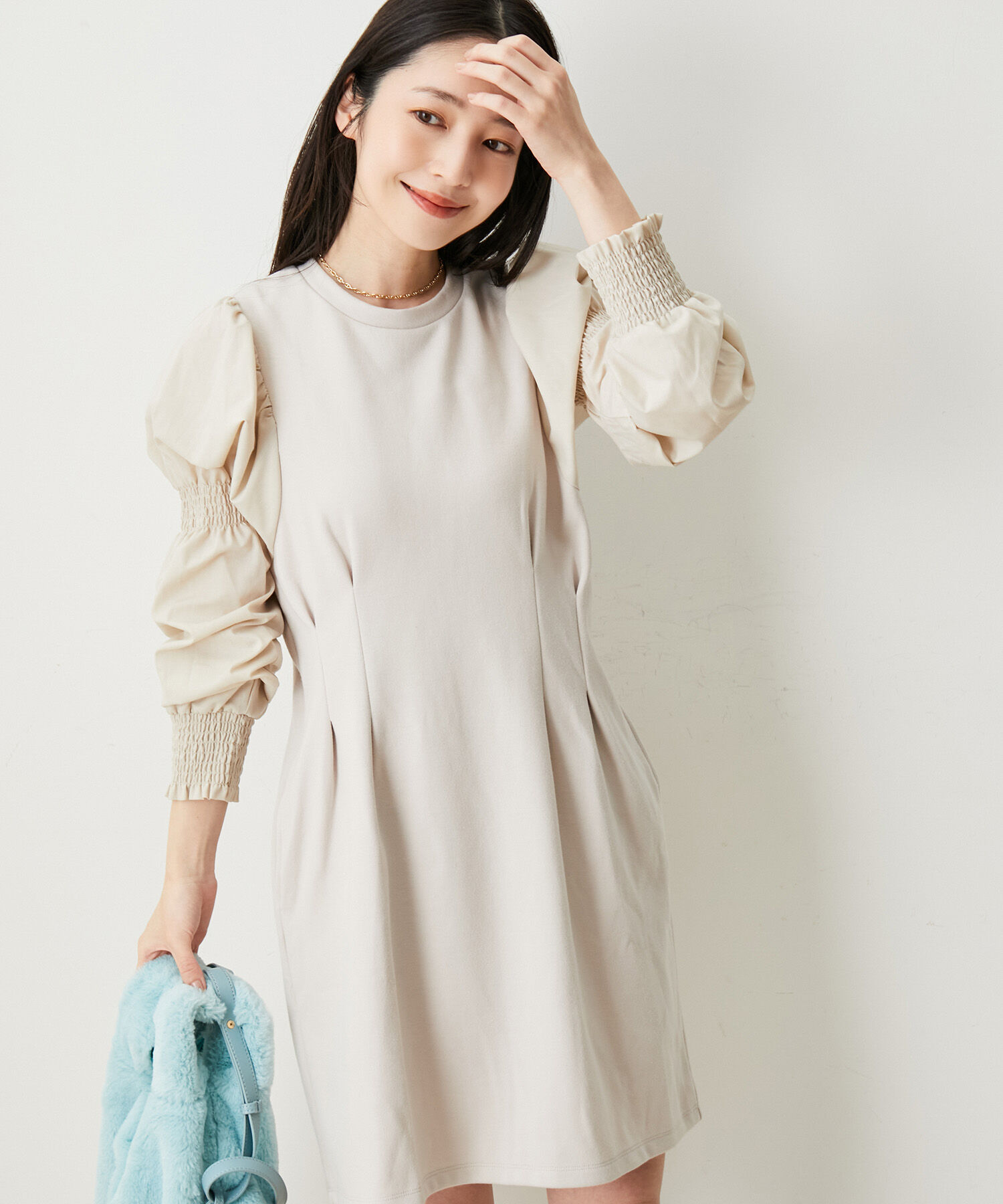 VIS「【選べる着丈】袖シャーリングドッキングワンピース【洗える】」|ワンピース|