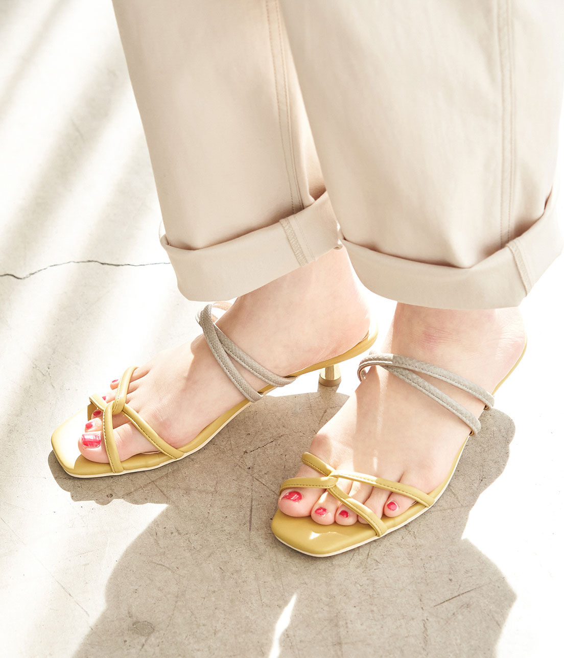 ROPE PICNIC PASSAGE「ダブルクロスキトゥンヒールミュール」|サンダル|イエロー(80)
