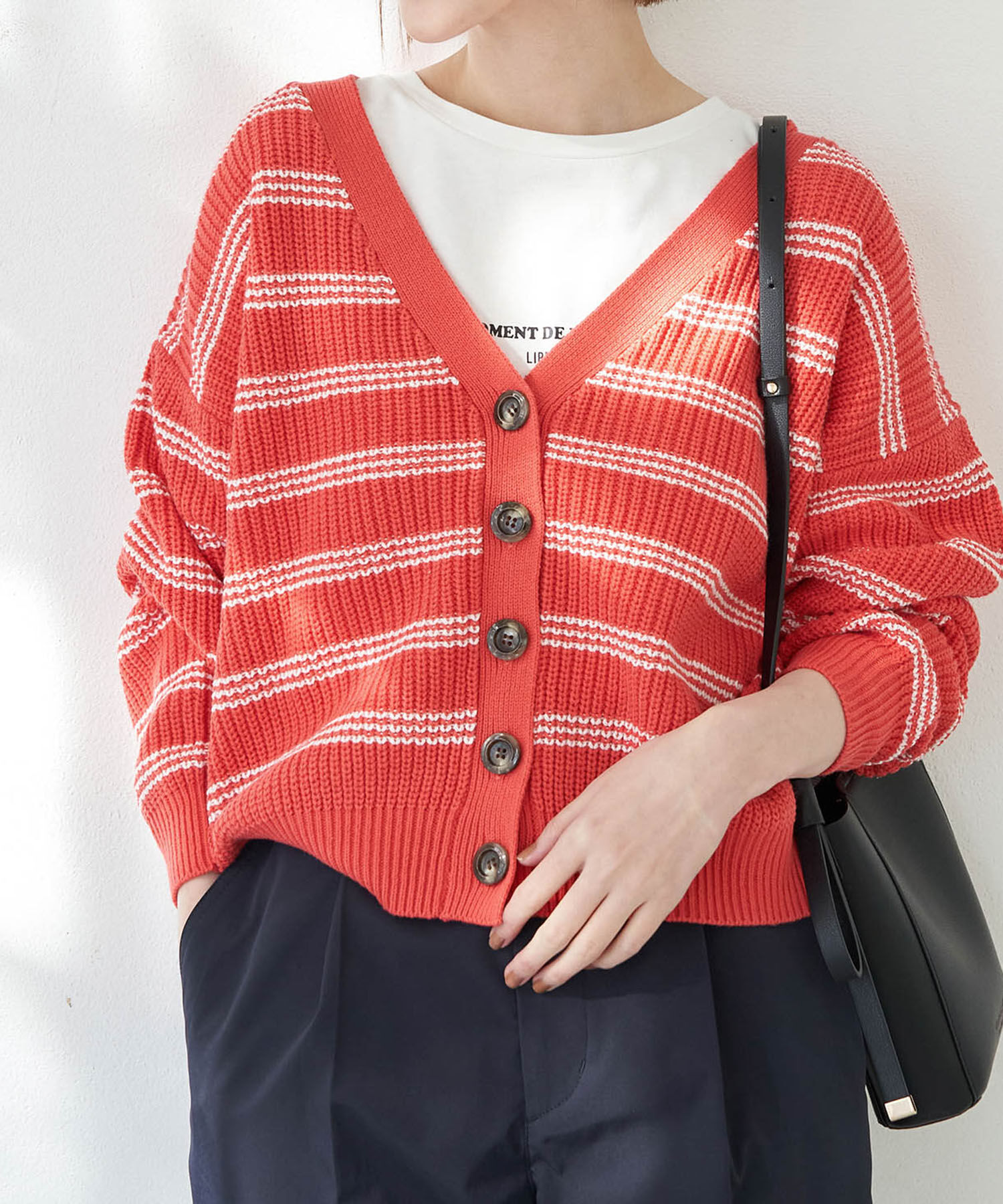 Rope&rsquo;Picnic「ローゲージボーダーカーディガン」|カーディガン|レッド系(61)