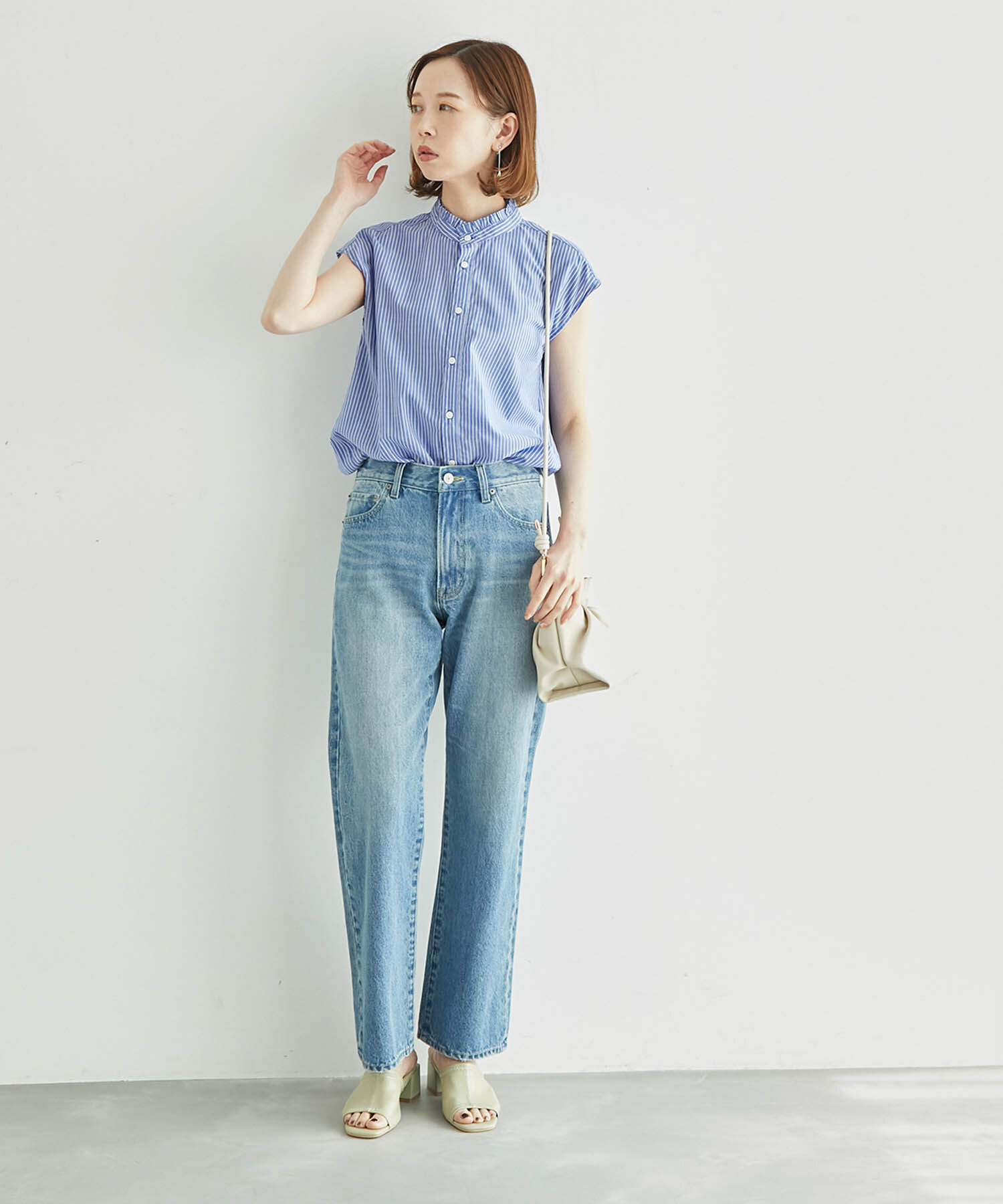 Rope&rsquo;Picnic「フリルバンドカラーフレンチスリーブシャツ　ストライプシャツ」|シャツ・ブラウス|