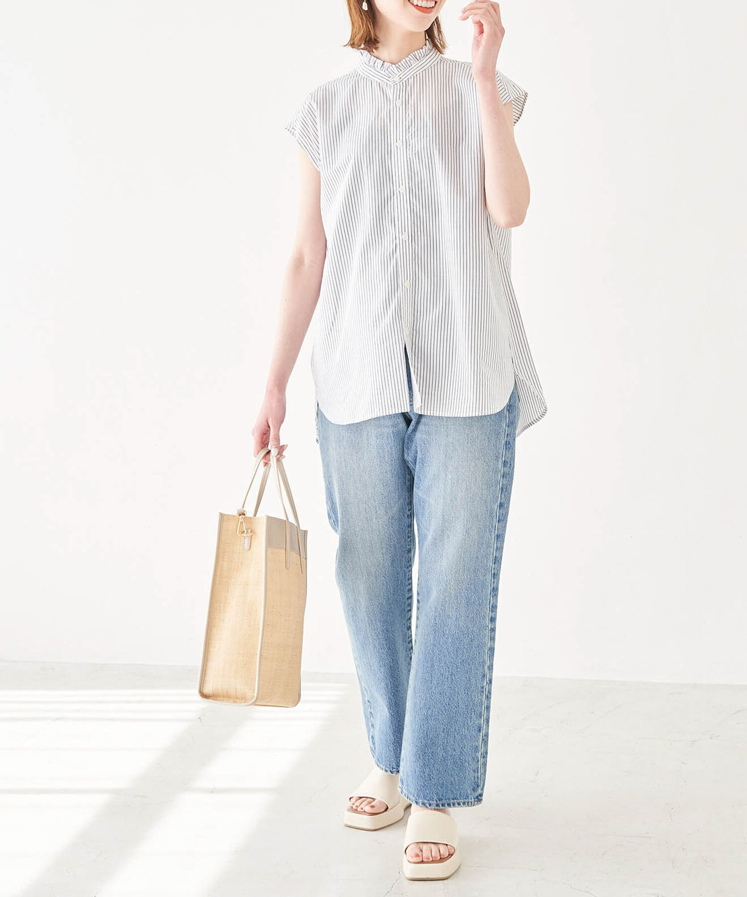 Rope&rsquo;Picnic「フリルバンドカラーフレンチスリーブシャツ　ストライプシャツ」|シャツ・ブラウス|