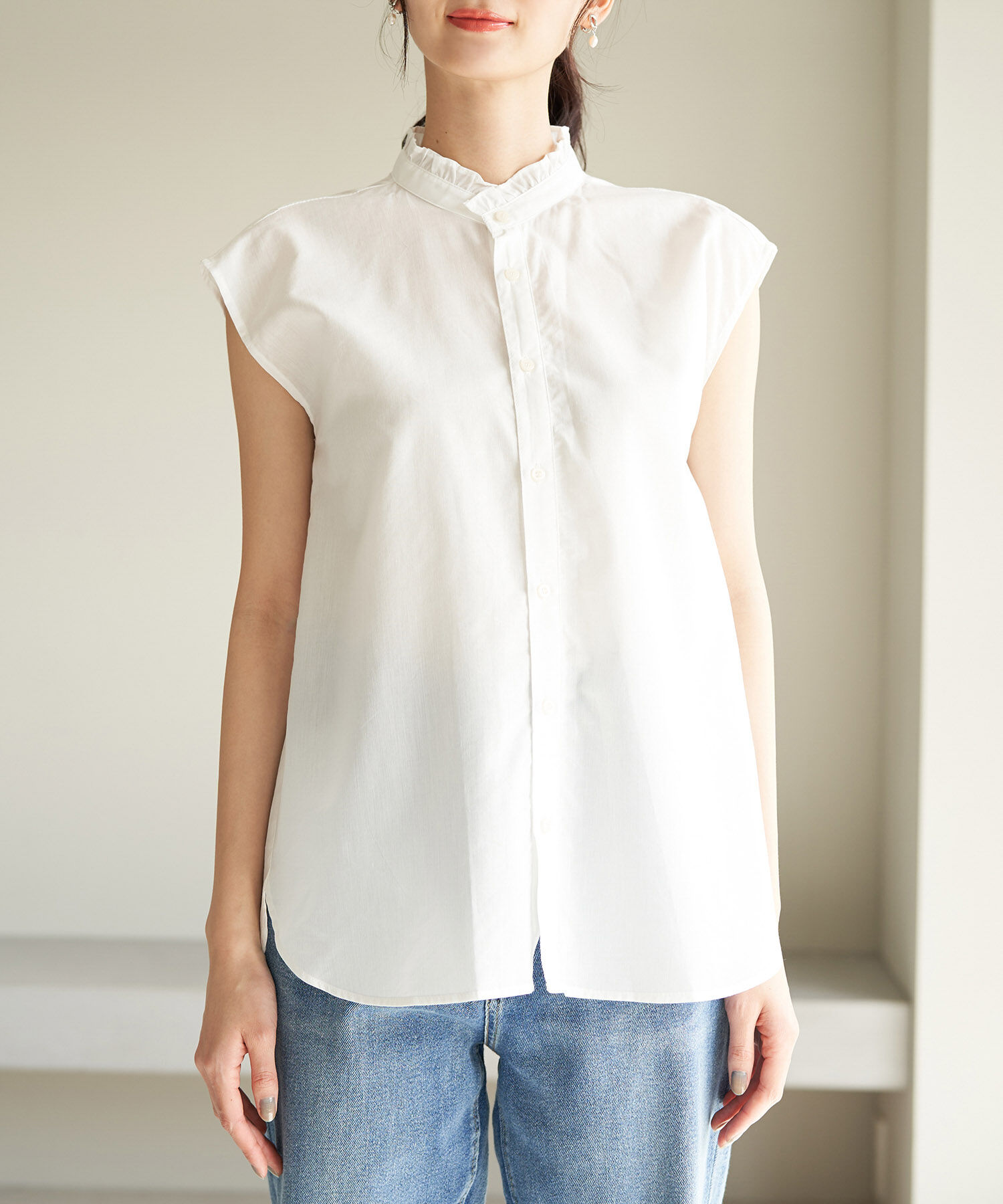 Rope&rsquo;Picnic「フリルバンドカラーフレンチスリーブシャツ　ストライプシャツ」|シャツ・ブラウス|