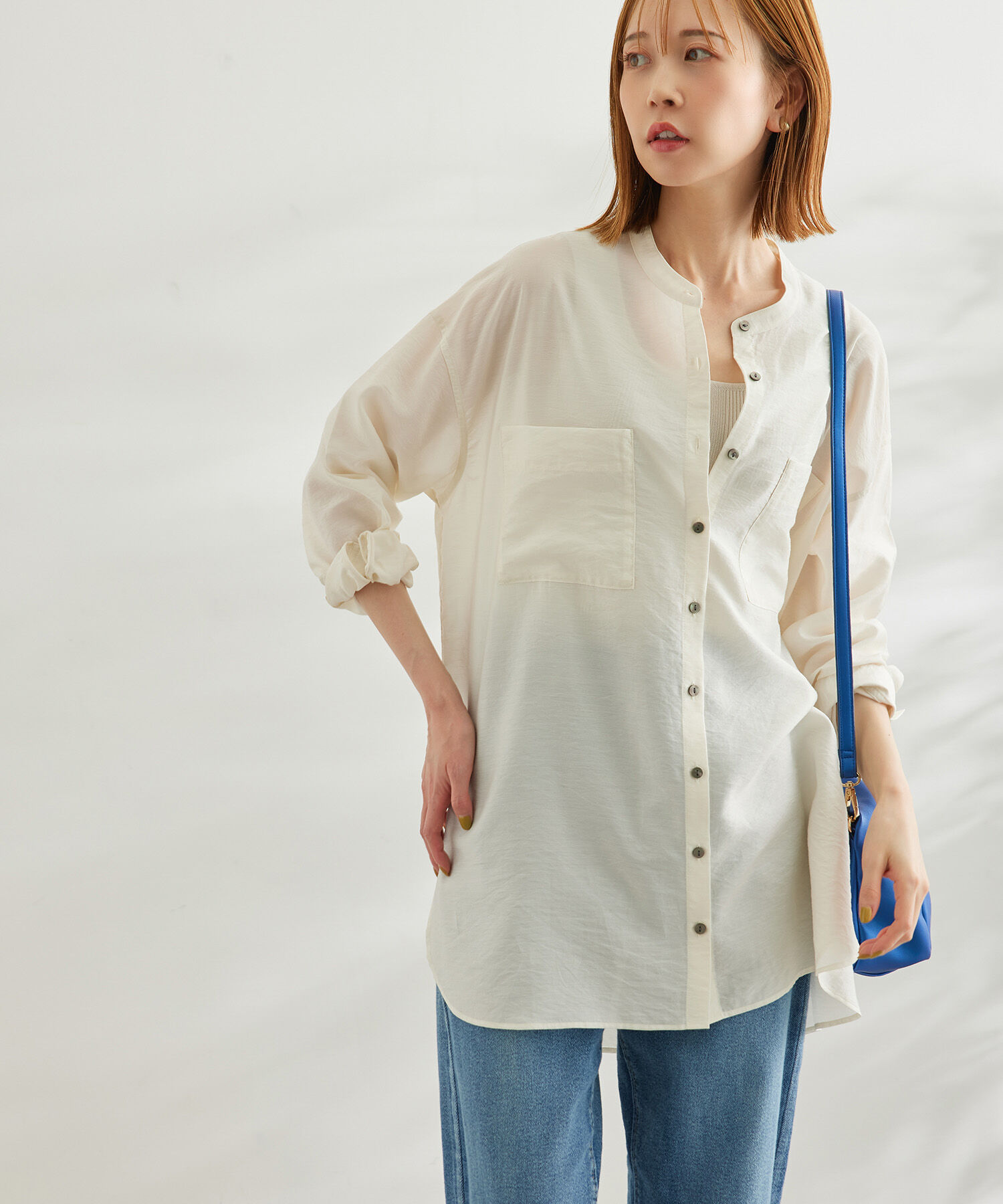 Rope&rsquo;Picnic「【WEB限定カラー:イエロー】バンドカラーポケットシアーシャツ」|シャツ・ブラウス|ホワイト(10)