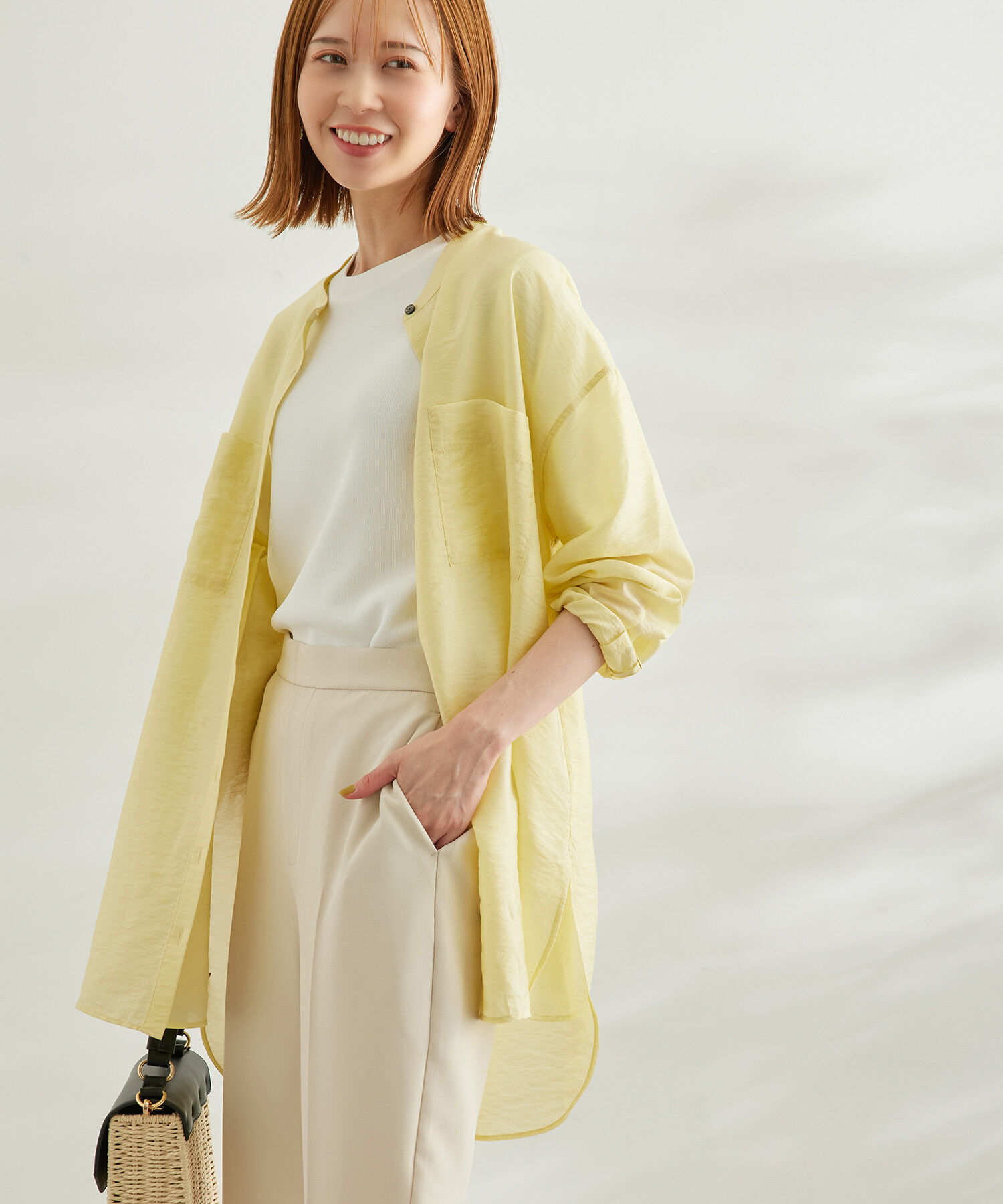 Rope&rsquo;Picnic「【WEB限定カラー:イエロー】バンドカラーポケットシアーシャツ」|シャツ・ブラウス|