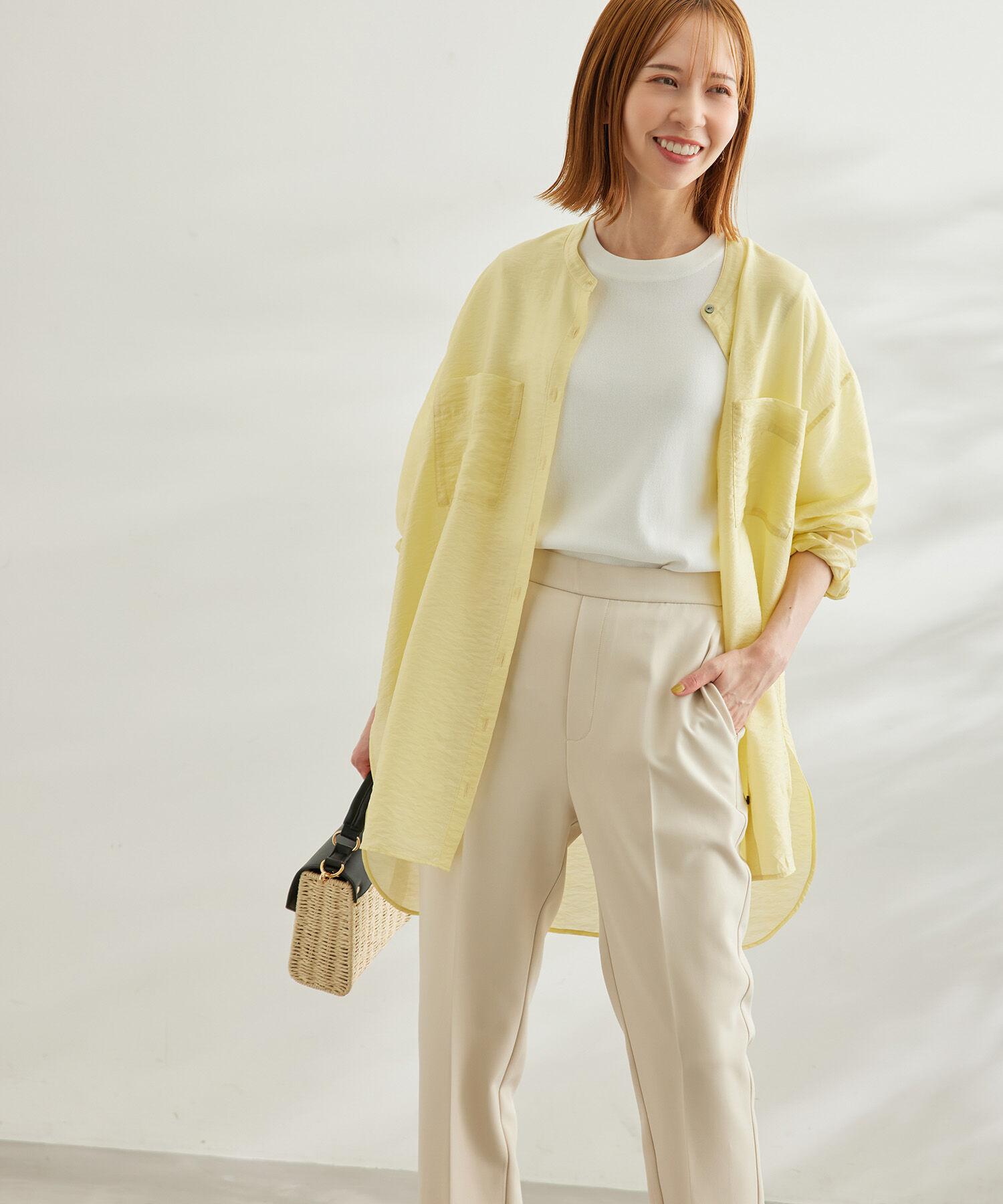 Rope&rsquo;Picnic「【WEB限定カラー:イエロー】バンドカラーポケットシアーシャツ」|シャツ・ブラウス|