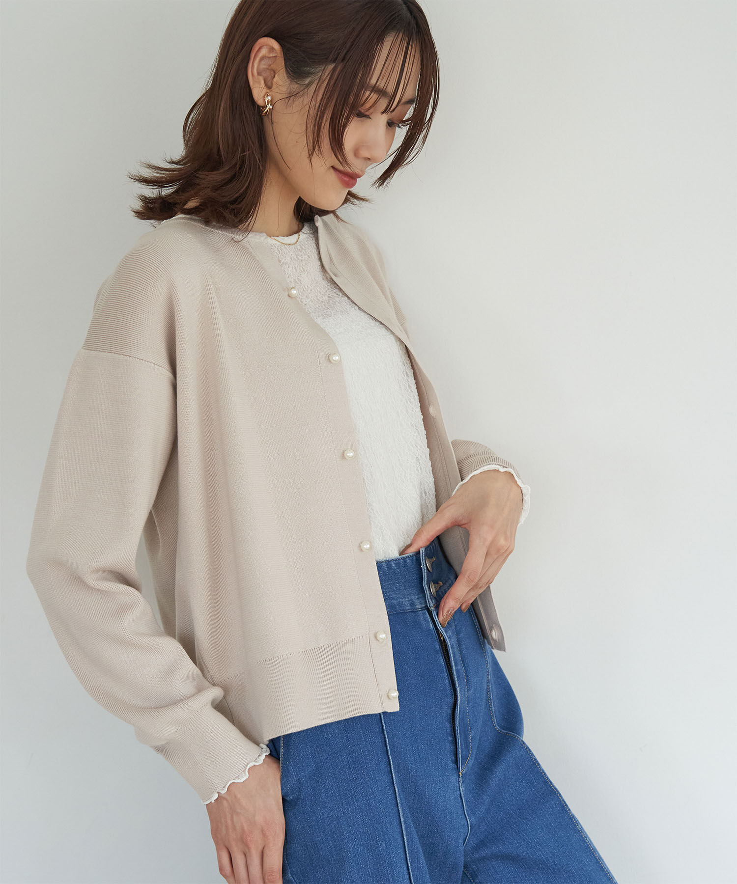 Rope&rsquo;Picnic「洗濯機OK・リンクコーデ/マシュマロニットスリットネックパールカーディガン」|カーディガン|