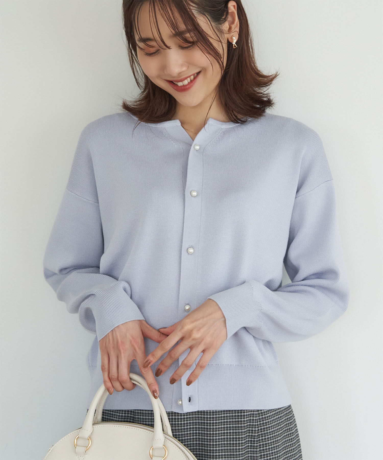 Rope&rsquo;Picnic「洗濯機OK・リンクコーデ/マシュマロニットスリットネックパールカーディガン」|カーディガン|ブルー系(46)