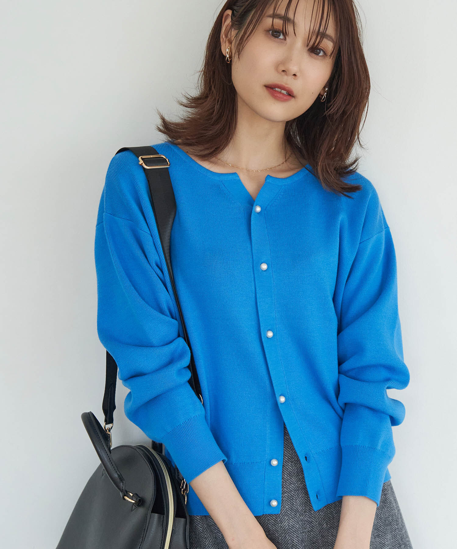 Rope&rsquo;Picnic「洗濯機OK・リンクコーデ/マシュマロニットスリットネックパールカーディガン」|カーディガン|ブルー系(47)