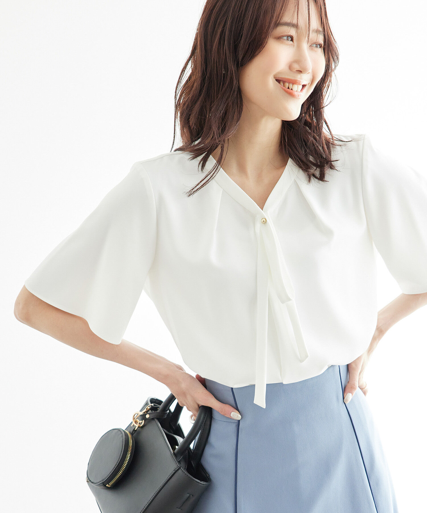 Rope&rsquo;Picnic「2サイズ展開/メタルボタンリボンタイハーフスリーブブラウス」|シャツ・ブラウス|