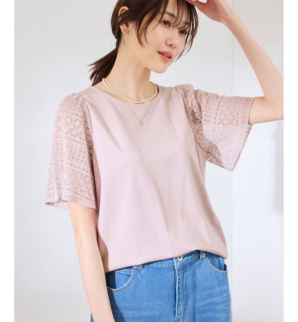 Rope&rsquo;Picnic「【UVカット・接触冷感】Cutee レースドッキングフレアスリーブトップス/リンクコーデ」|Tシャツ・カットソー|