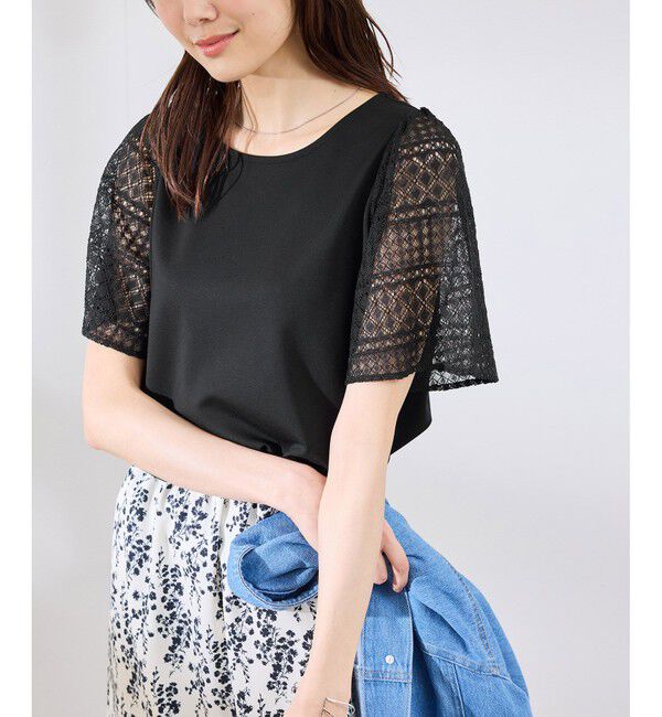 Rope&rsquo;Picnic「【UVカット・接触冷感】Cutee レースドッキングフレアスリーブトップス/リンクコーデ」|Tシャツ・カットソー|