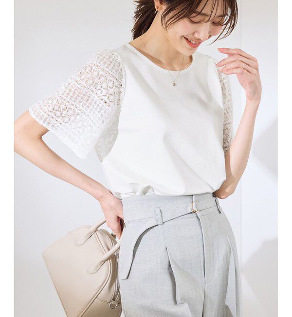 Rope&rsquo;Picnic「【UVカット・接触冷感】Cutee レースドッキングフレアスリーブトップス/リンクコーデ」|Tシャツ・カットソー|