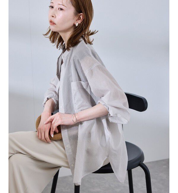 Rope&rsquo;Picnic「着丈が選べるバンドカラーストライプシアーシャツ」|シャツ・ブラウス|