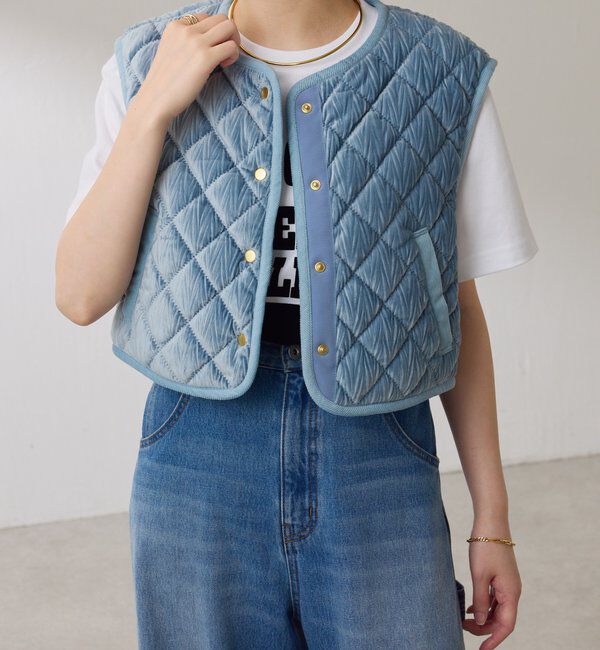  「ベロアキルトベスト」|ベスト・ジレ|サックスブルー
