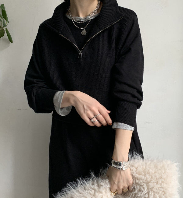  「【WEB限定】 ハーフジップベスト＋ニットワンピースSET」|スーツ|ブラック