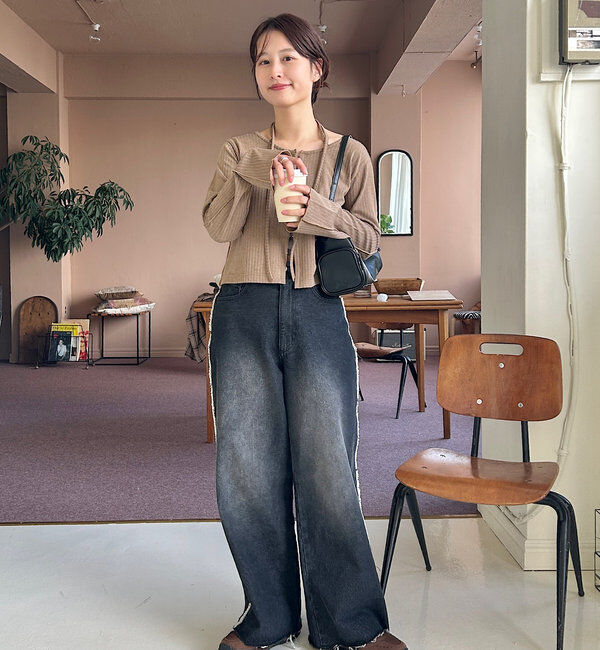  「【-5㎏細見え/2サイズ展開/低身長サイズ】フリンジデニムパンツ」|デニム|