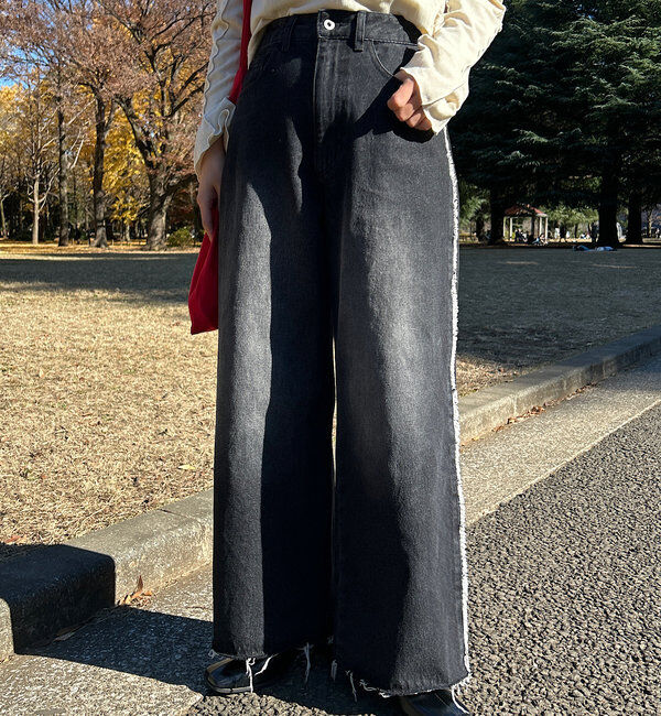  「【-5㎏細見え/2サイズ展開/低身長サイズ】フリンジデニムパンツ」|デニム|