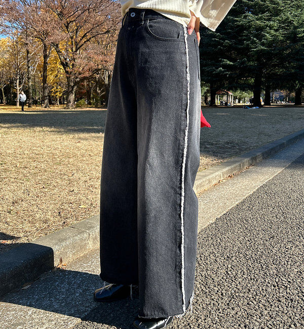  「【-5㎏細見え/2サイズ展開/低身長サイズ】フリンジデニムパンツ」|デニム|