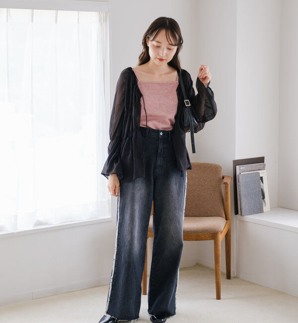  「【-5㎏細見え/2サイズ展開/低身長サイズ】フリンジデニムパンツ」|デニム|