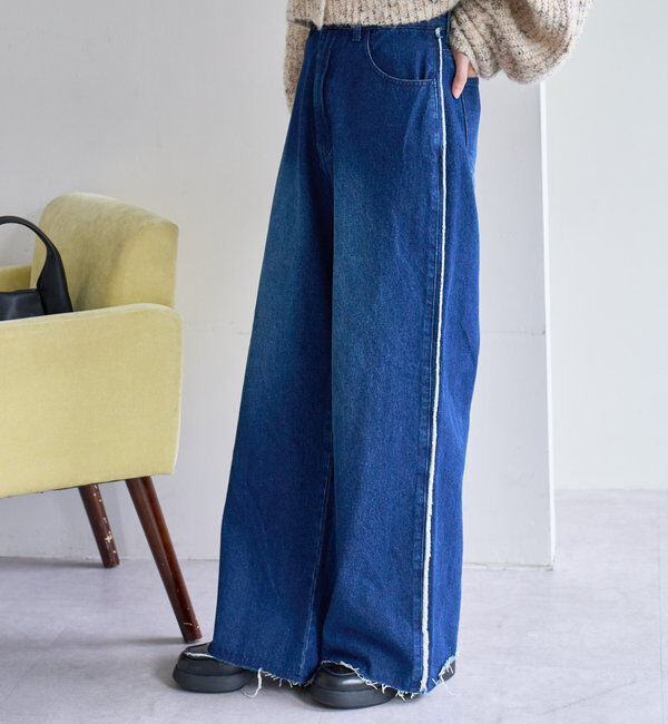  「【-5㎏細見え/2サイズ展開/低身長サイズ】フリンジデニムパンツ」|デニム|