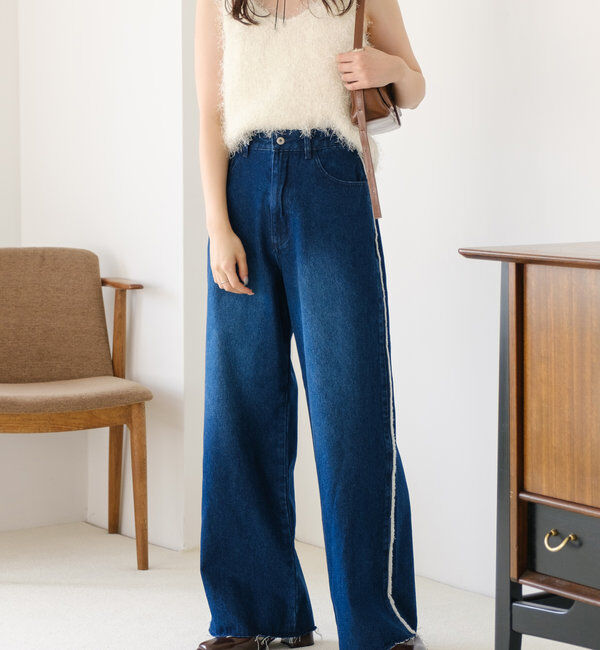  「【-5㎏細見え/2サイズ展開/低身長サイズ】フリンジデニムパンツ」|デニム|