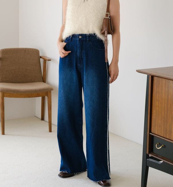  「【-5㎏細見え/2サイズ展開/低身長サイズ】フリンジデニムパンツ」|デニム|