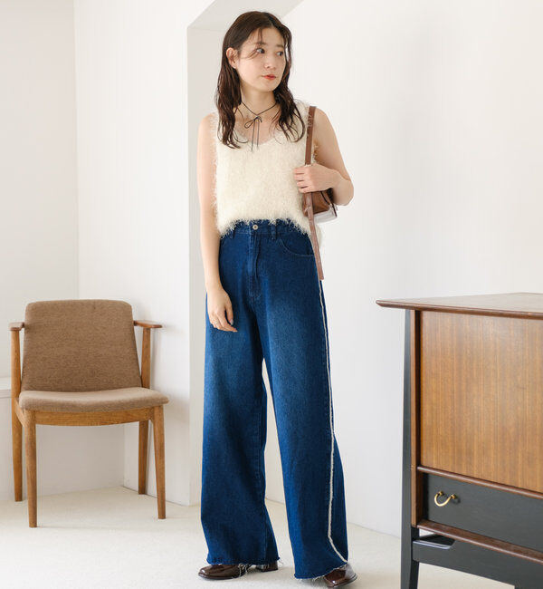  「【-5㎏細見え/2サイズ展開/低身長サイズ】フリンジデニムパンツ」|デニム|