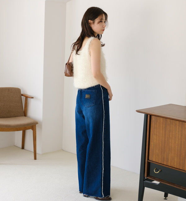  「【-5㎏細見え/2サイズ展開/低身長サイズ】フリンジデニムパンツ」|デニム|