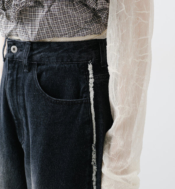  「【-5㎏細見え/2サイズ展開/低身長サイズ】フリンジデニムパンツ」|デニム|