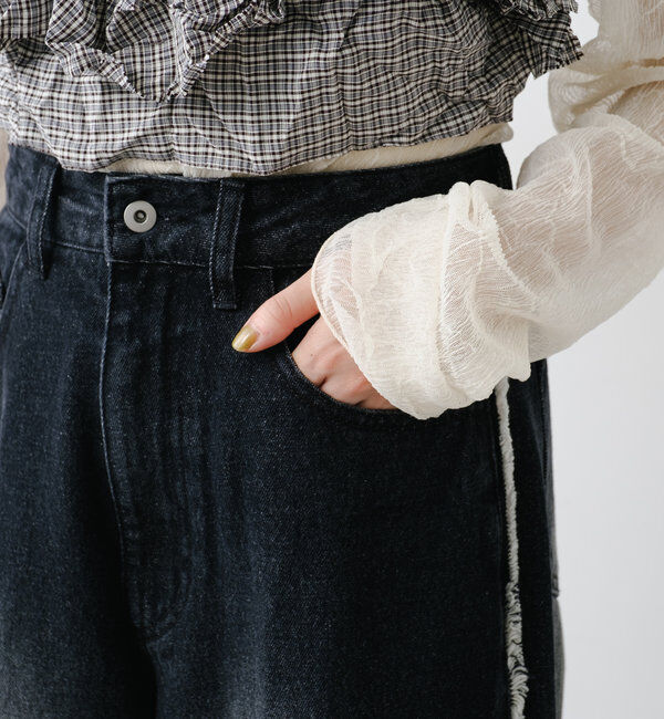  「【-5㎏細見え/2サイズ展開/低身長サイズ】フリンジデニムパンツ」|デニム|