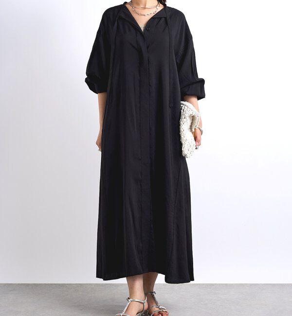  「《デコルテスッキリ見え》タイデザインシャツワンピース」|その他|ブラック