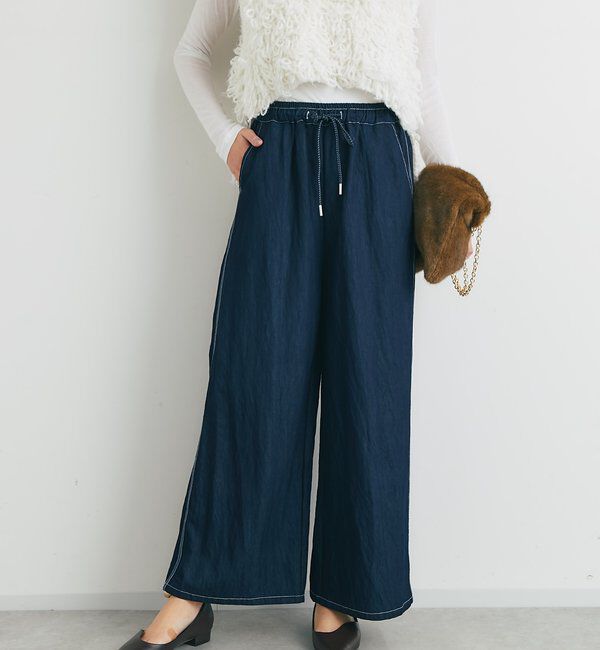  「《楽な履き心地》シャイニーデニムワイドパンツ」|デニム|