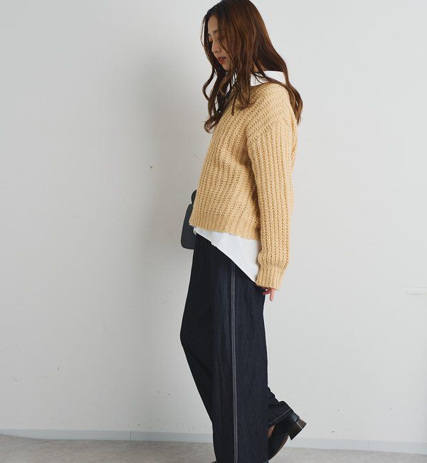  「《楽な履き心地》シャイニーデニムワイドパンツ」|デニム|