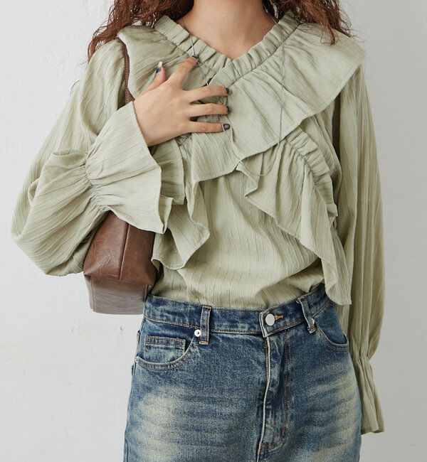  「[mline]オフショルフリルブラウス」|シャツ・ブラウス|グリーン