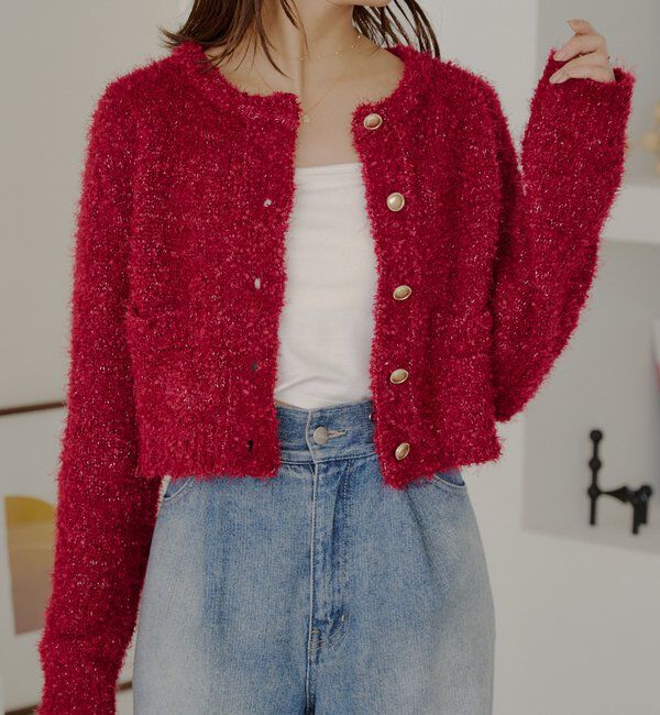  「【セットアップ対応】ラメシャギー金釦コンパクト長袖カーディガン」|カーディガン|