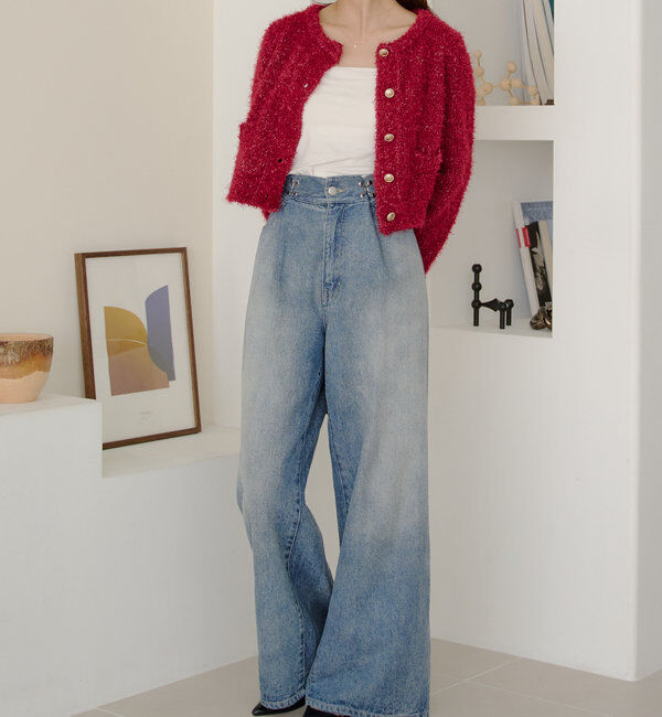  「【セットアップ対応】ラメシャギー金釦コンパクト長袖カーディガン」|カーディガン|