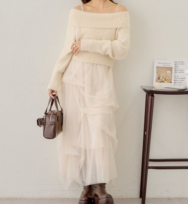  「【セットアイテム】オフショルニットセットチュールワンピース」|ワンピース|アイボリー