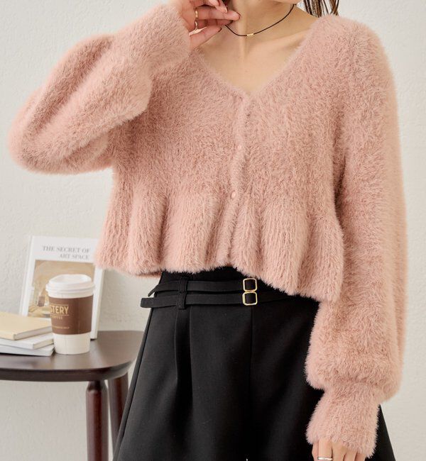  「【2WAY】シャギーペプラムVニット」|パーカー|ピンク