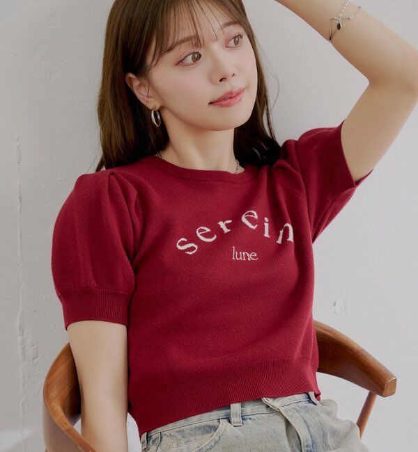  「5分袖ジャガードパフニット」|ニット・セーター|レッド