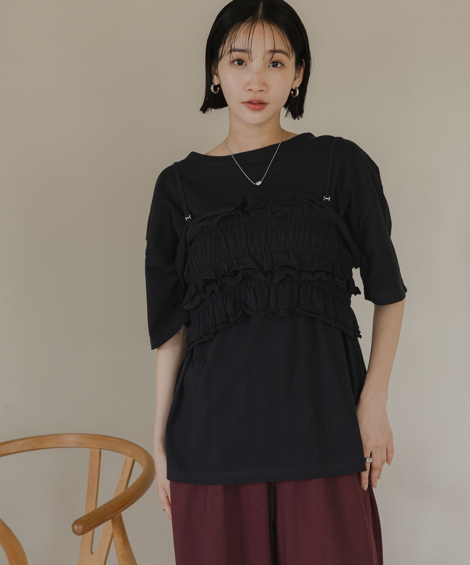 LOWRYS FARM「【セットアイテム】フリルビスチェセットＴＥＥ」|Tシャツ・カットソー|BLK