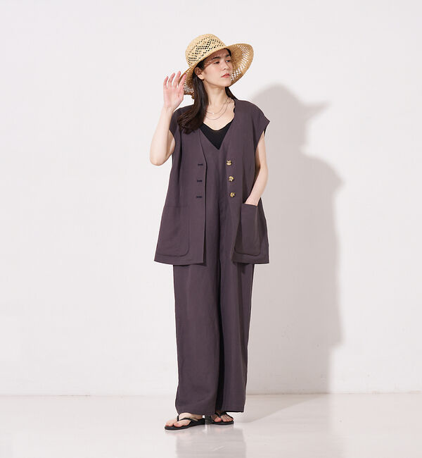 collex「【手洗い可】リネン混イージークロス サロペット」|オールインワン|チャコールグレー