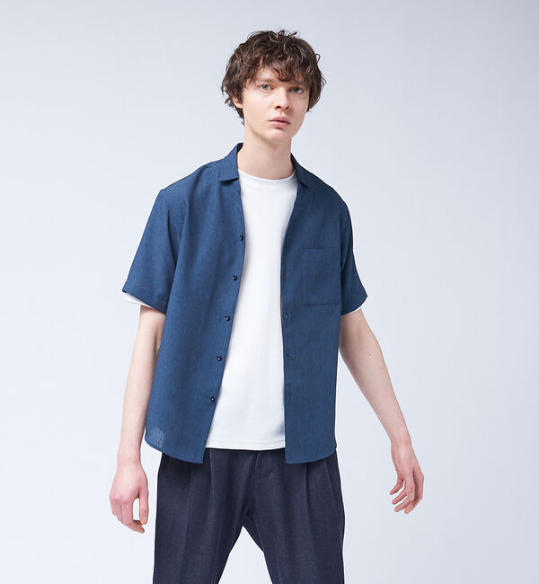 ABAHOUSE「リネンライク Vネック 半袖 シャツ」|シャツ・ブラウス|ネイビー