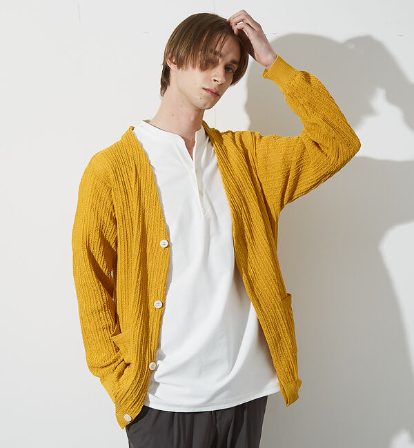 ABAHOUSE「【メッシュニット】ドライタッチ 比翼 カーディガン / シアーカーディガン」|カーディガン|イエロー