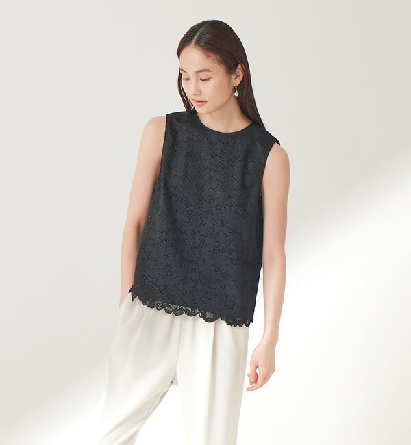 qualite「オーガニックコットンスカラップレースブラウス」|シャツ・ブラウス|ブラック