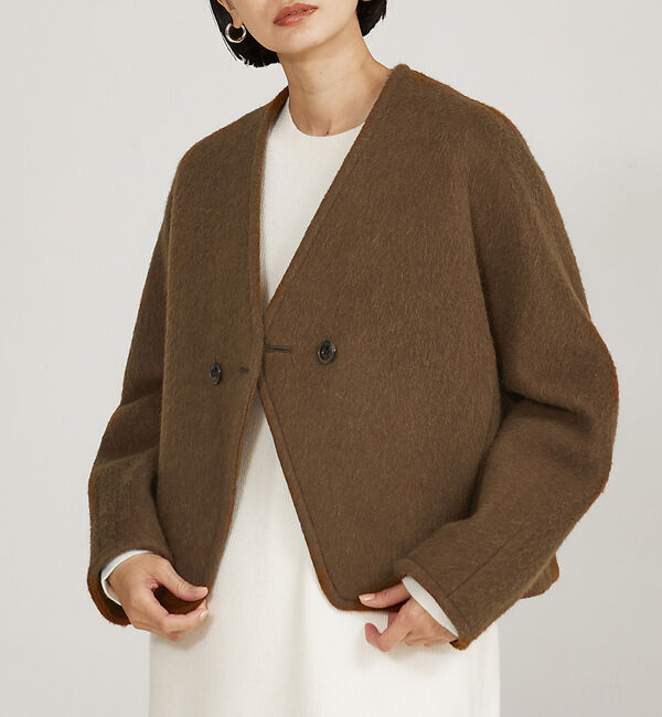 qualite「モヘアシャギーショートコート」|ノーカラーコート|キャメル