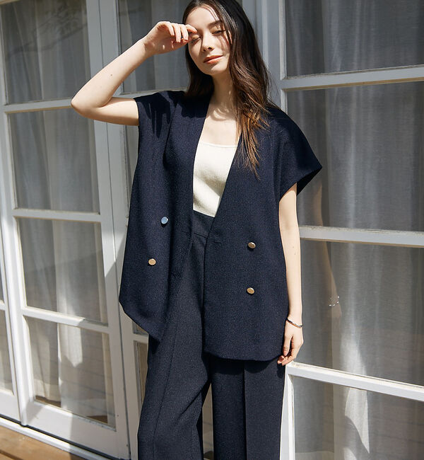 abahouse mavie「【２点/セットアップ】ライトツィードフレンチ ジャケット&パンツセット」|ノーカラージャケット|