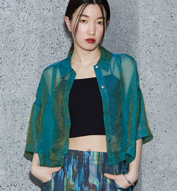 NOMINE「ハーフスリーブ シアー シャツ」|シャツ・ブラウス|エメラルドグリーン