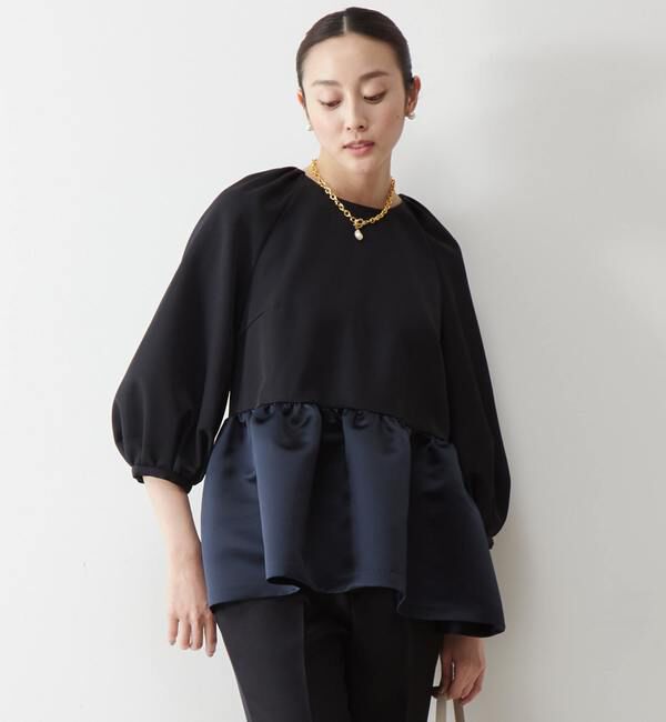 TIARA「サテン切り替えペプラムブラウス」|シャツ・ブラウス|ネイビー