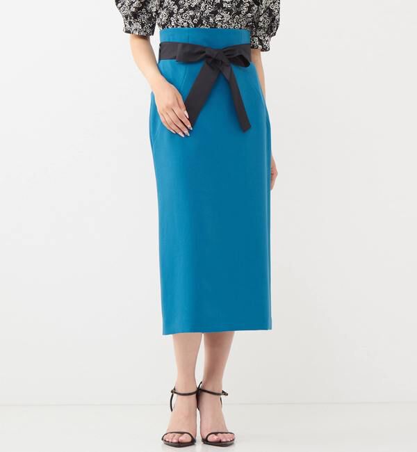 TIARA「バイカラーリボンベルトハイウエストスカート」|スカート|ターコイズブルー