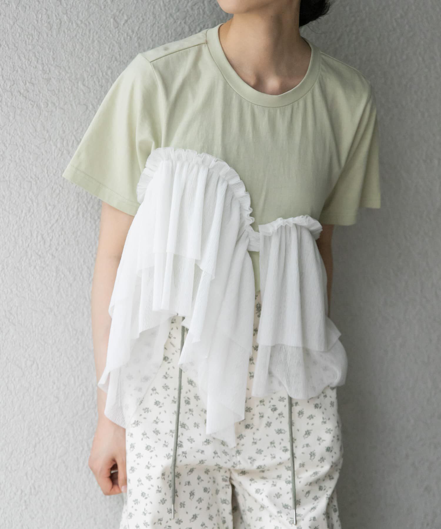  「アシメフリルドッキングTEE」|Tシャツ・カットソー|グリーン系その他